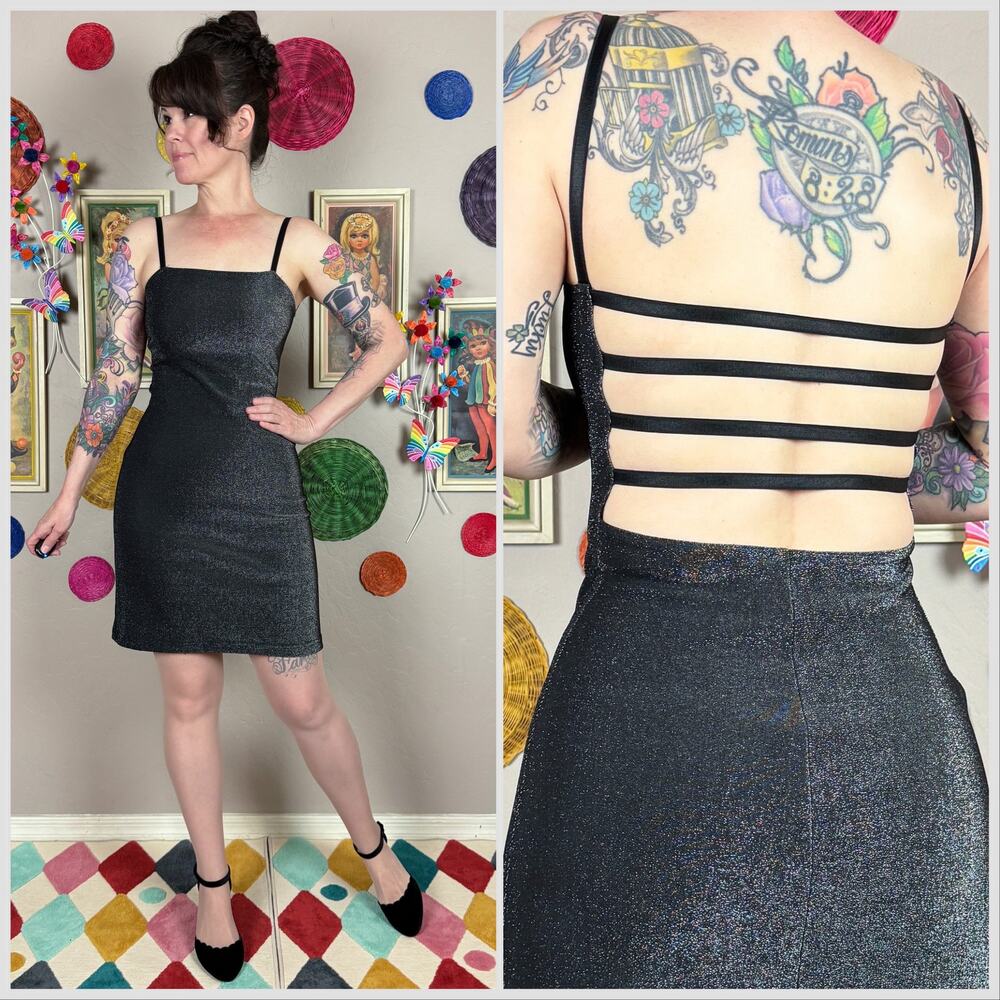 Vintage 1980s Silver Lurex Open Strappy Back Bodycon Minidress